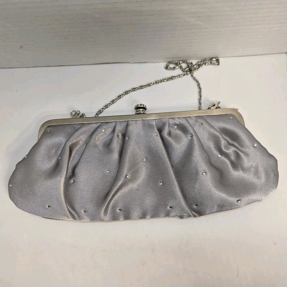 Lulu Townsend Silver Satin‎ Pleated Rhinestone Evening Clutch Bag w/ Chain Strap